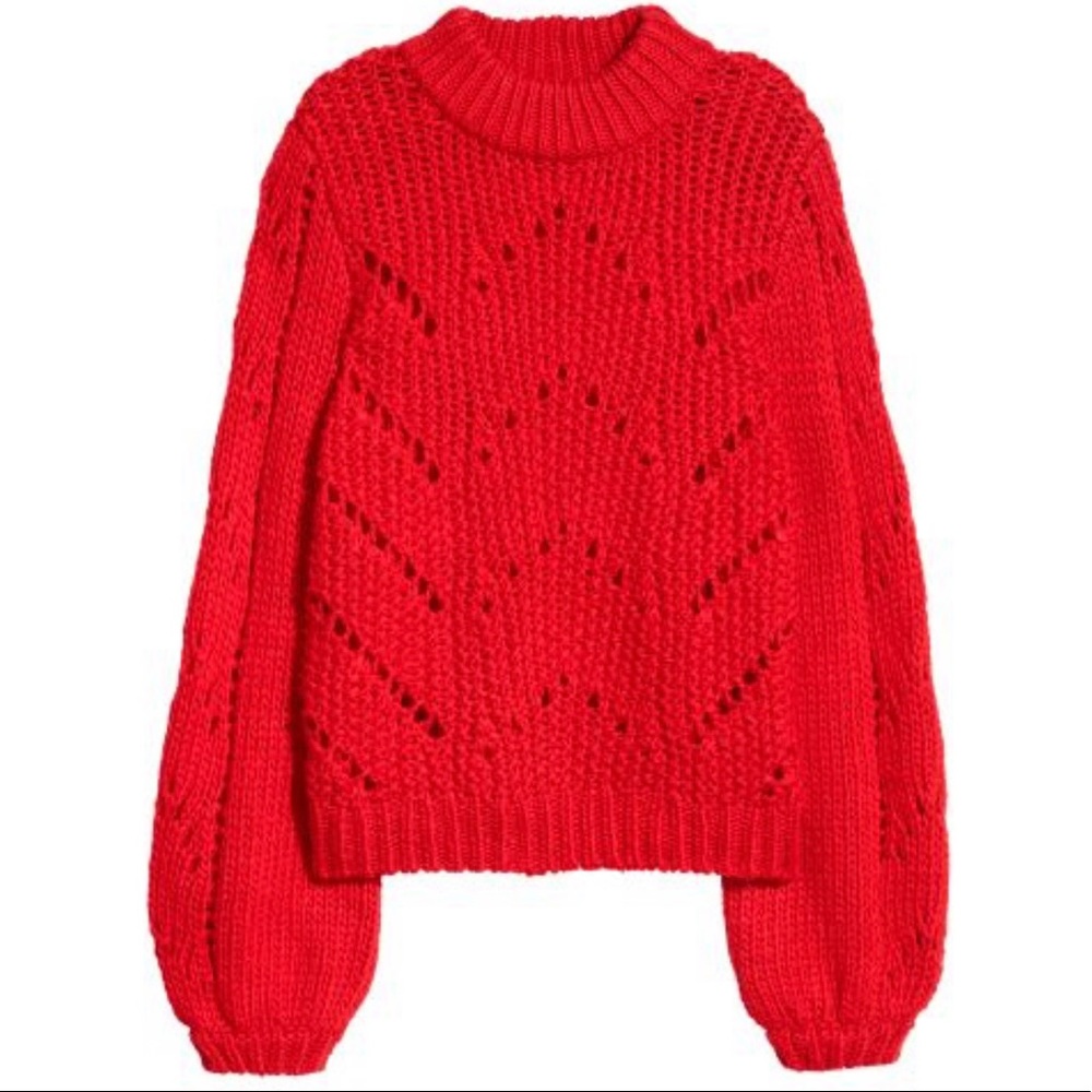 H&M Red Mock-Neck Chunky Knit Balloon Sleeve Sweater